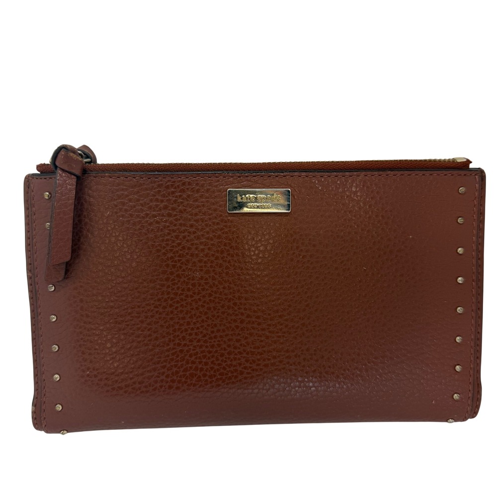 Kate Spade New York Brown Pebbled Leather Studded Slim Bifold Zip Wallet X-0022